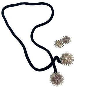 Vintage Push Pin Sequin Ball Ornament Velvet Cord Lariat Necklace & Earring Set